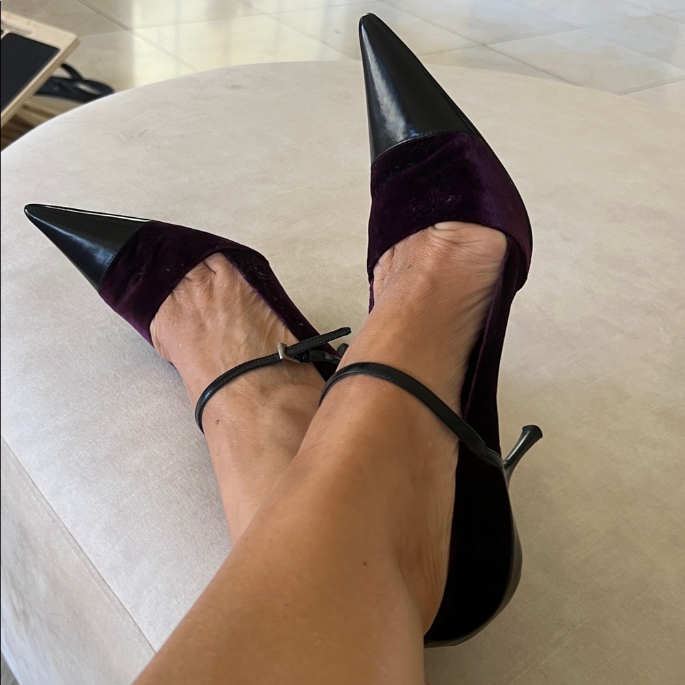 Prada velvet and leather pointy Mary Janes 39